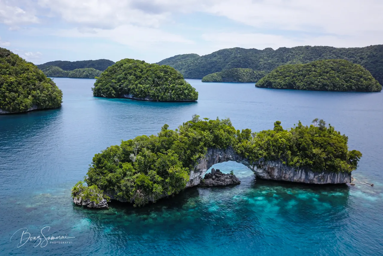 aerial photo of the famous arch, a natural arch in the ocean in Palau