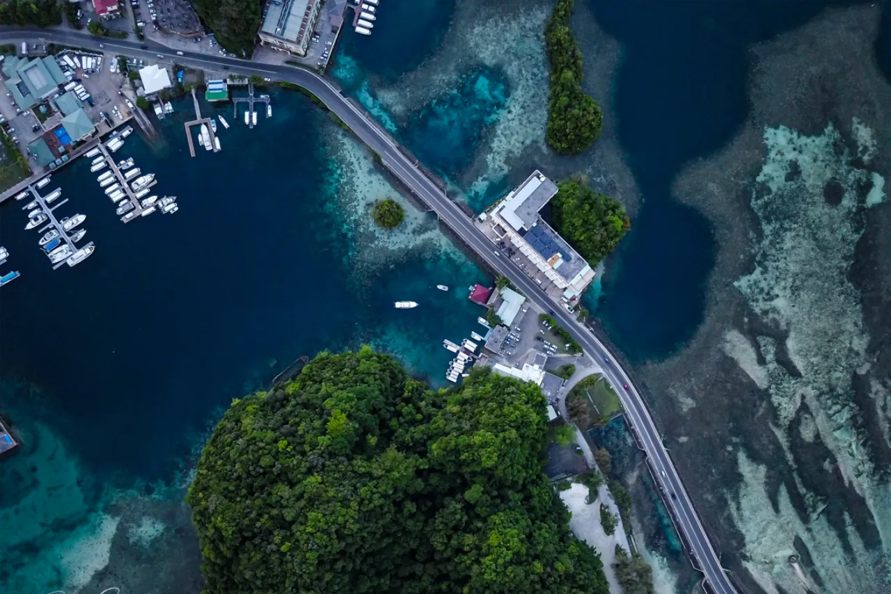 aerial photo of Fish 'n Fins diving center and the yacht harbor in Palau