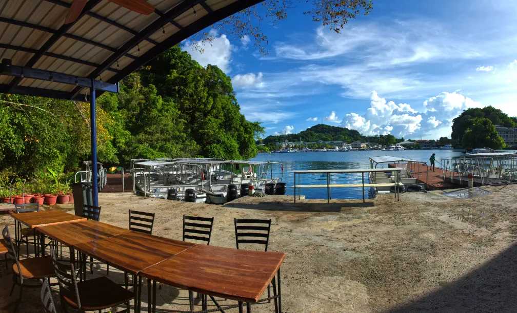 Fish 'n Fins docks in Palau seen from Barracuda restaurant